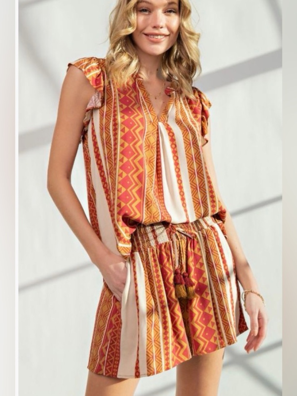 Easel Los Angelas Boho Stripe Tassel Waist Shorts - Brown, Orange & Cream